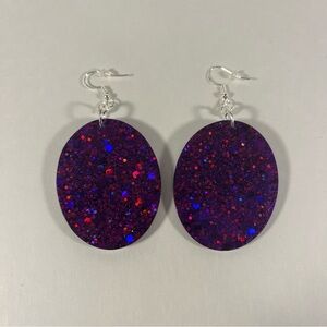 Purple Resin Chunky Glitter Dangle Earrings Oval Shape NWT
